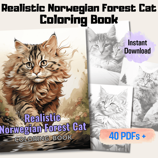 Realistic Norwegian Forest Cat Coloring Book, 20 Norwegian Forest Cat Grayscale Coloring Pages