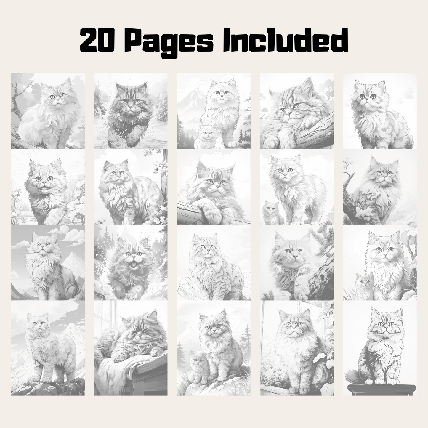 Realistic Persian Cat Coloring Book, 20 Persian Cat Grayscale Coloring Pages for All Age
