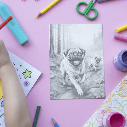 Realistic Pug Coloring Book, 20 Pugs Grayscale Coloring Pages for All Ages