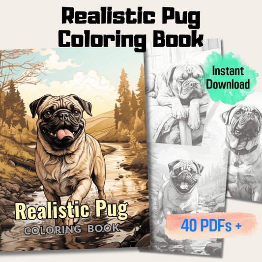 Realistic Pug Coloring Book, 20 Pugs Grayscale Coloring Pages for All Ages