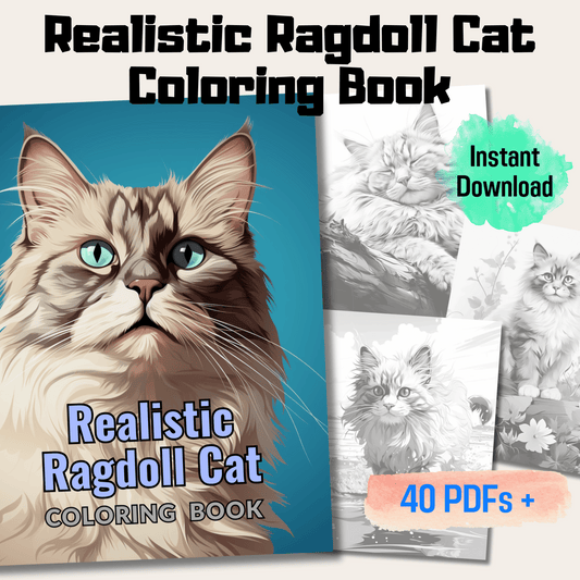 Realistic Ragdoll Cat Coloring Book, 20 Ragdoll Cat Grayscale Coloring Pages