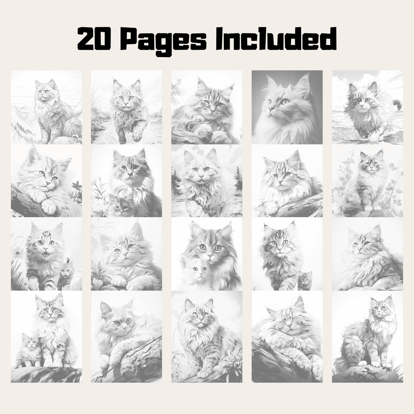 Realistic Ragdoll Cat Coloring Book, 20 Ragdoll Cat Grayscale Coloring Pages