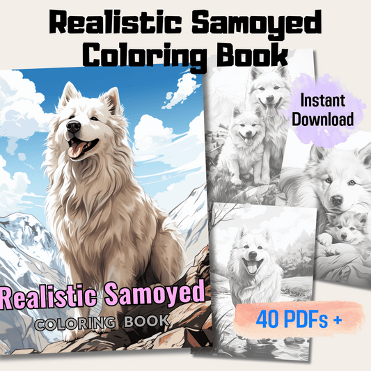 Realistic Samoyed Coloring Book, Samoyed Grayscale Coloring Pages