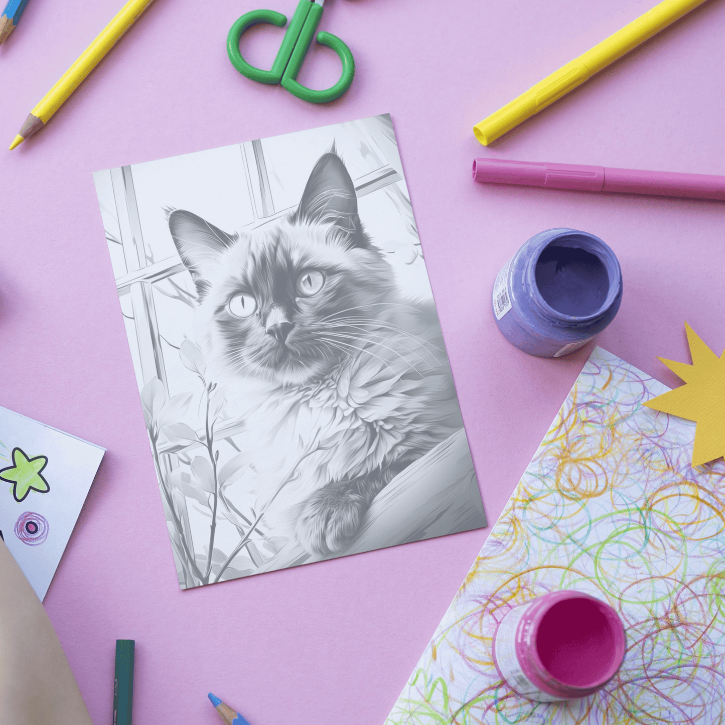 Realistic Siamese Cat Coloring Book, 20 Siamese Cat Grayscale Coloring Pages for Adults and Kids