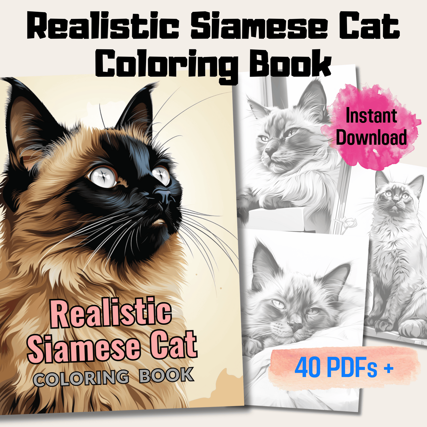 Realistic Siamese Cat Coloring Book, 20 Siamese Cat Grayscale Coloring Pages for Adults and Kids