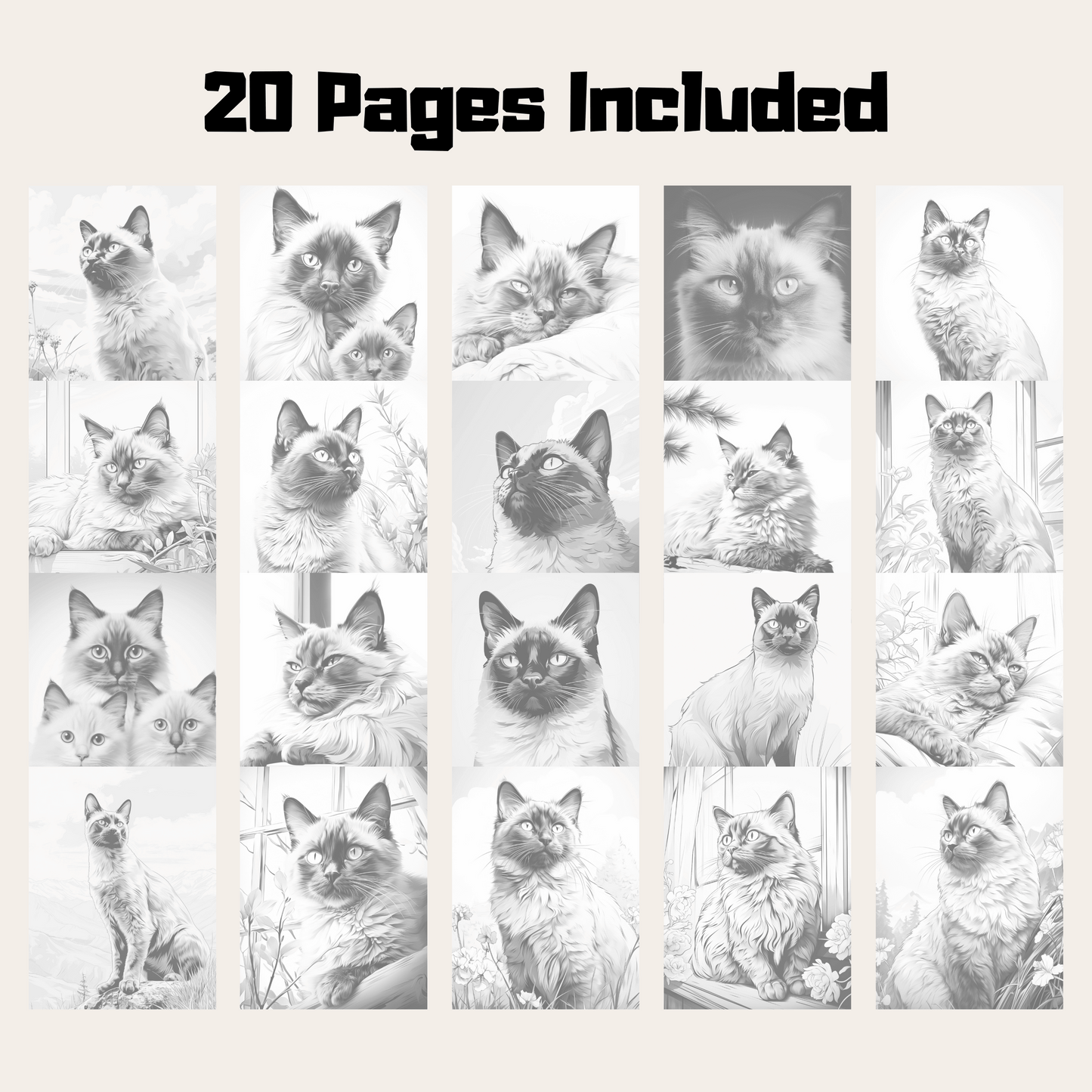 Realistic Siamese Cat Coloring Book, 20 Siamese Cat Grayscale Coloring Pages for Adults and Kids