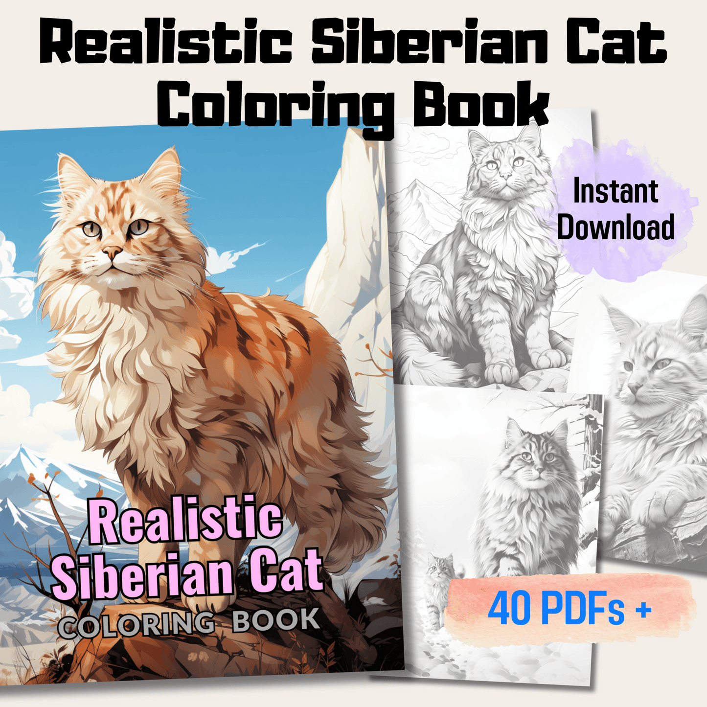 Realistic Siberian Cat Coloring Book, 20 Siberian Cat Grayscale Coloring Pages