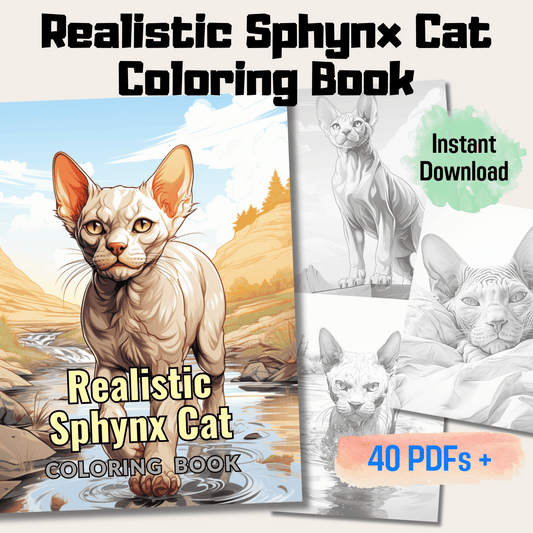 Realistic Sphynx Cat Coloring Book, 20 Sphynx Cat Grayscale Coloring Pages