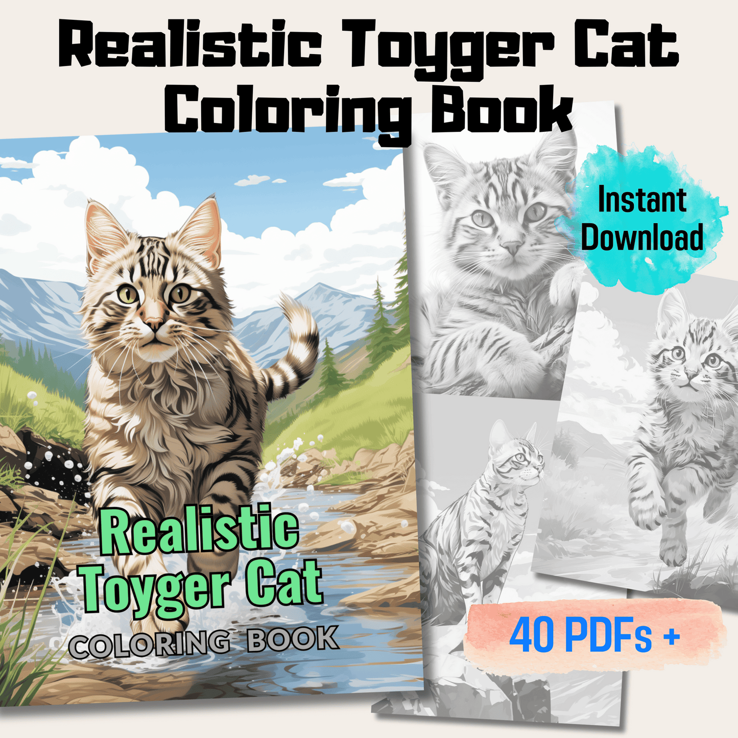 Realistic Toyger Cat Coloring Book, 20 Toyger Cat Grayscale Coloring Pages