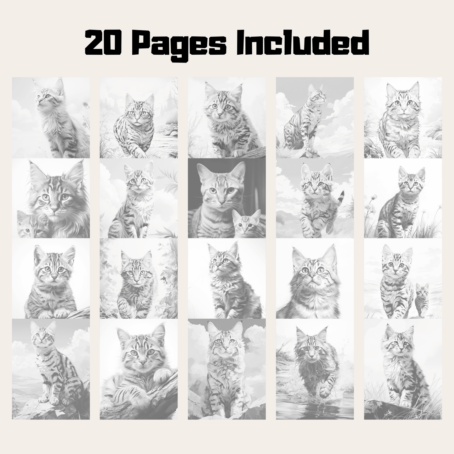 Realistic Toyger Cat Coloring Book, 20 Toyger Cat Grayscale Coloring Pages