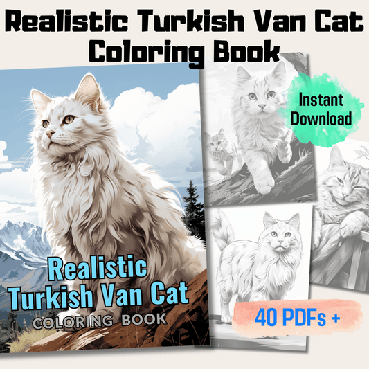 Realistic Turkish Van Cat Coloring Book, 20 Turkish Van Cat Grayscale Coloring Pages