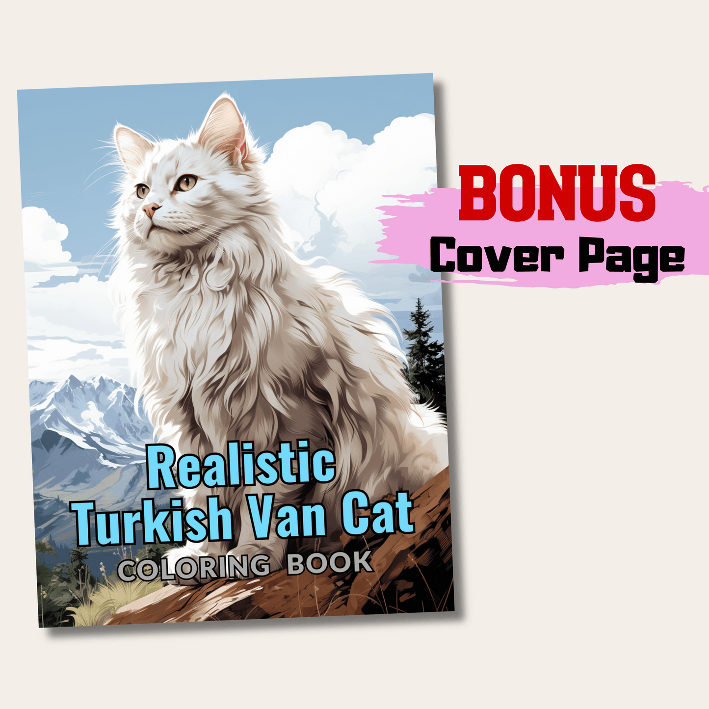 Realistic Turkish Van Cat Coloring Book, 20 Turkish Van Cat Grayscale Coloring Pages