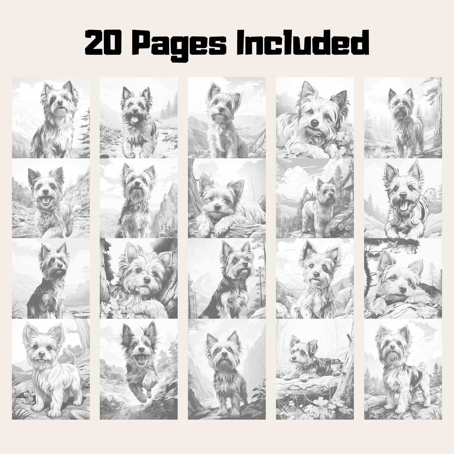 Realistic Yorkshire Terrier Coloring Book, 20 Yorkshire Terrier Grayscale Coloring Pages PDF