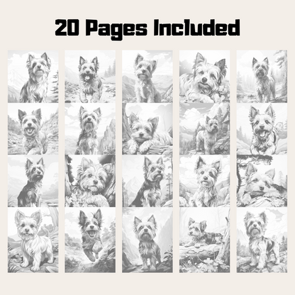 Realistic Yorkshire Terrier Coloring Book, 20 Yorkshire Terrier Grayscale Coloring Pages PDF