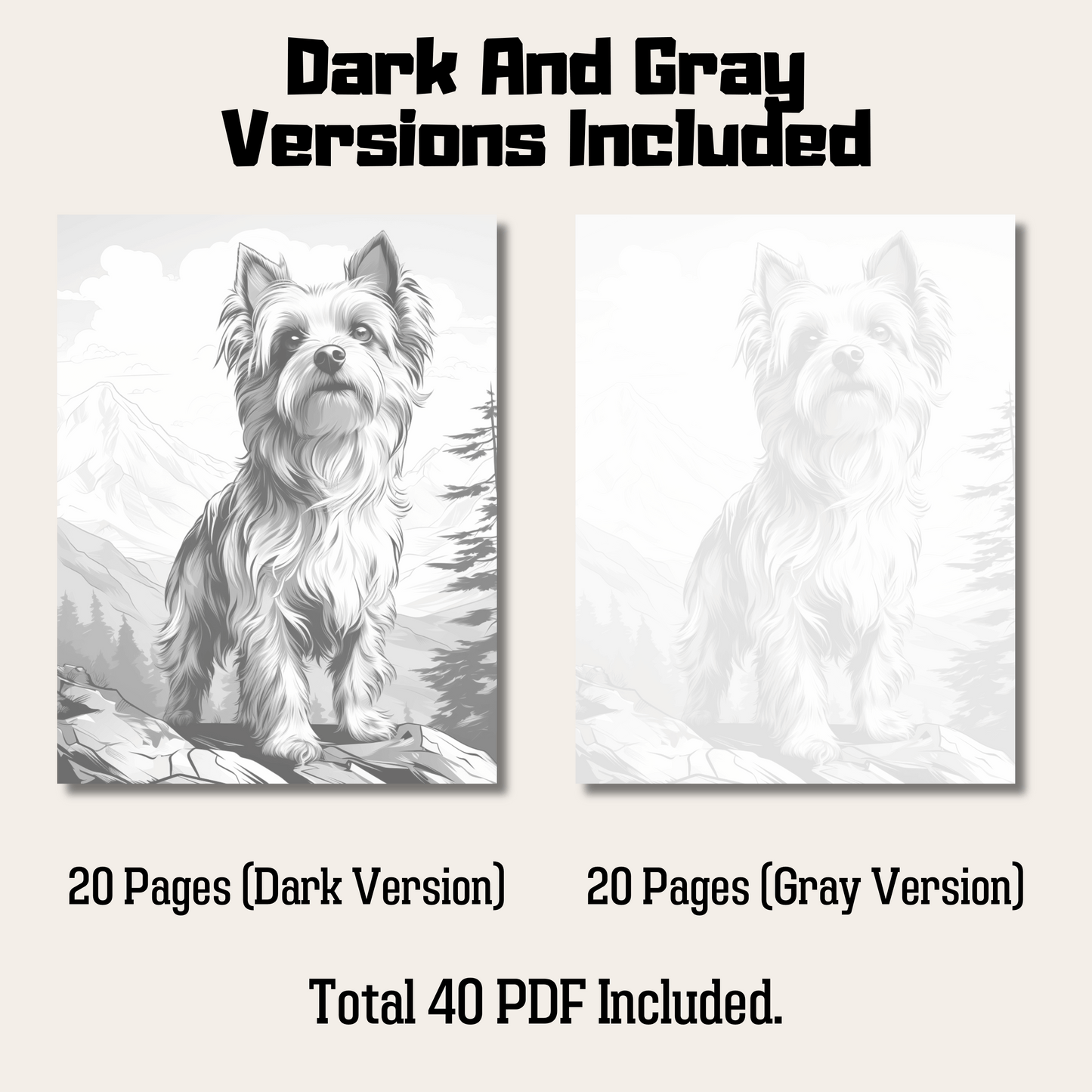 Realistic Yorkshire Terrier Coloring Book, 20 Yorkshire Terrier Grayscale Coloring Pages PDF