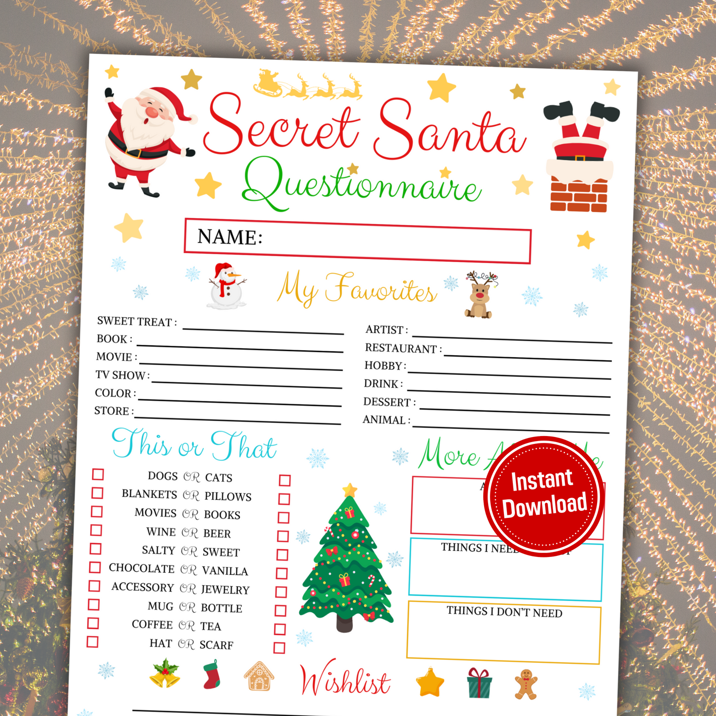 Secret Santa Questionnaire Printable | Christmas Gift Favorites Survey