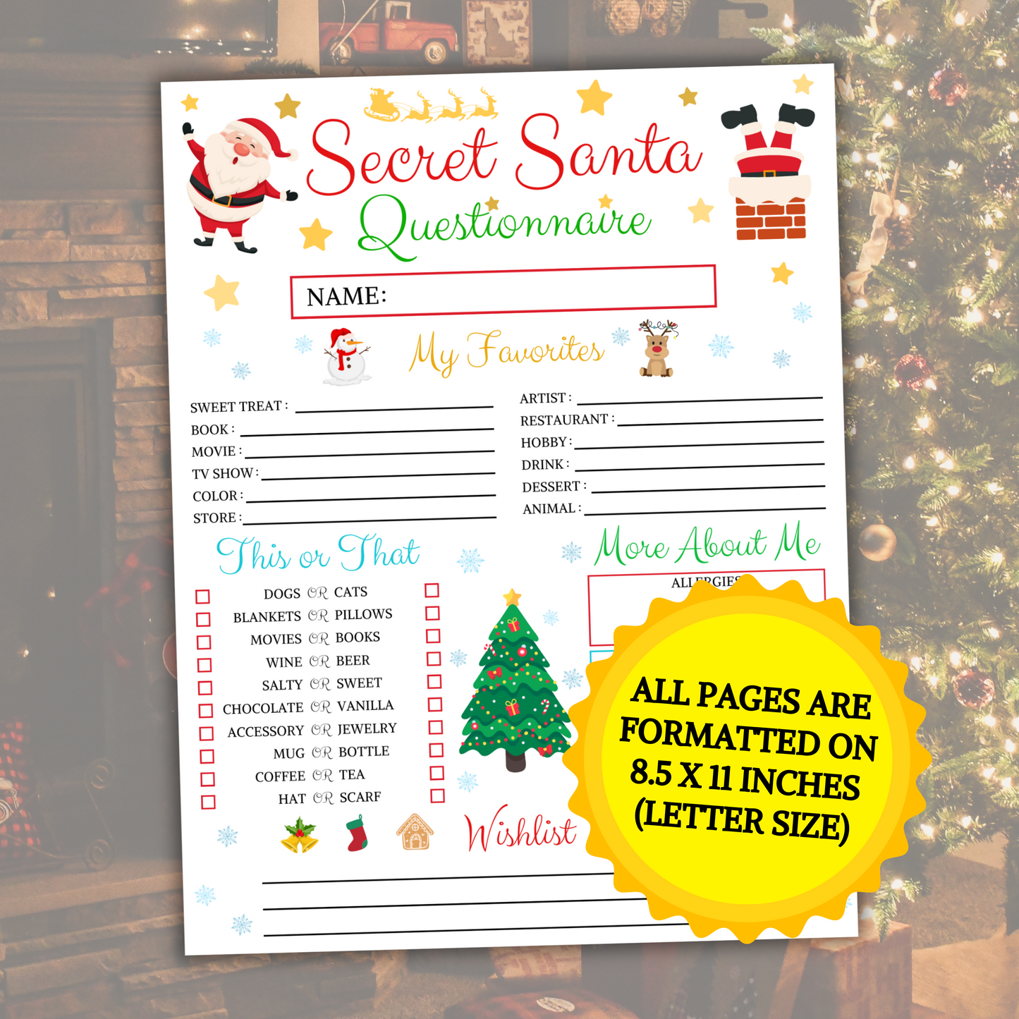 Secret Santa Questionnaire Printable | Christmas Gift Favorites Survey