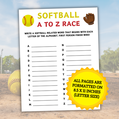 Softball A To Z Race Game | Printable Softball Team ABC Race Games