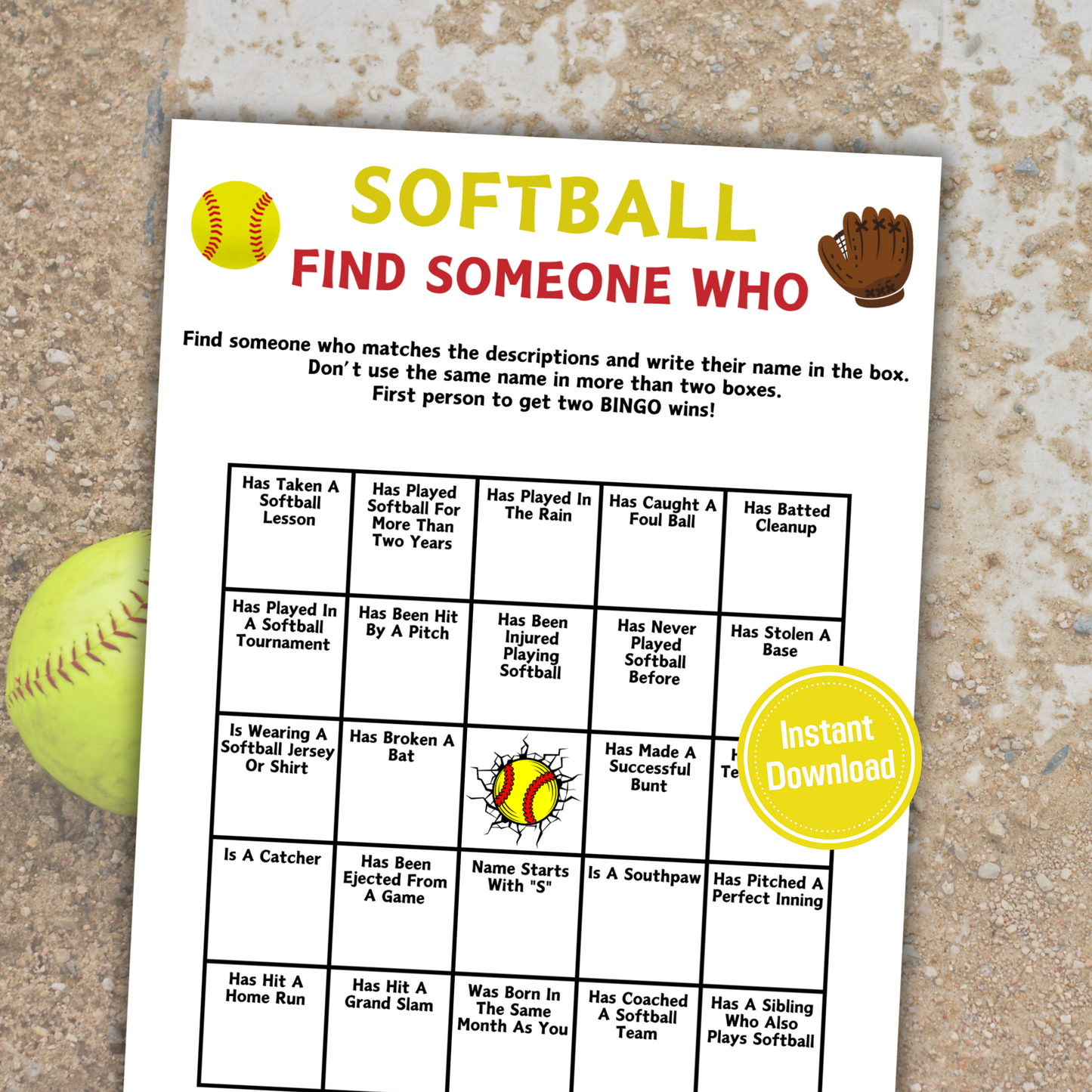 Softball Find Someone Who Game | Printable Softball Find The Guest Bingo