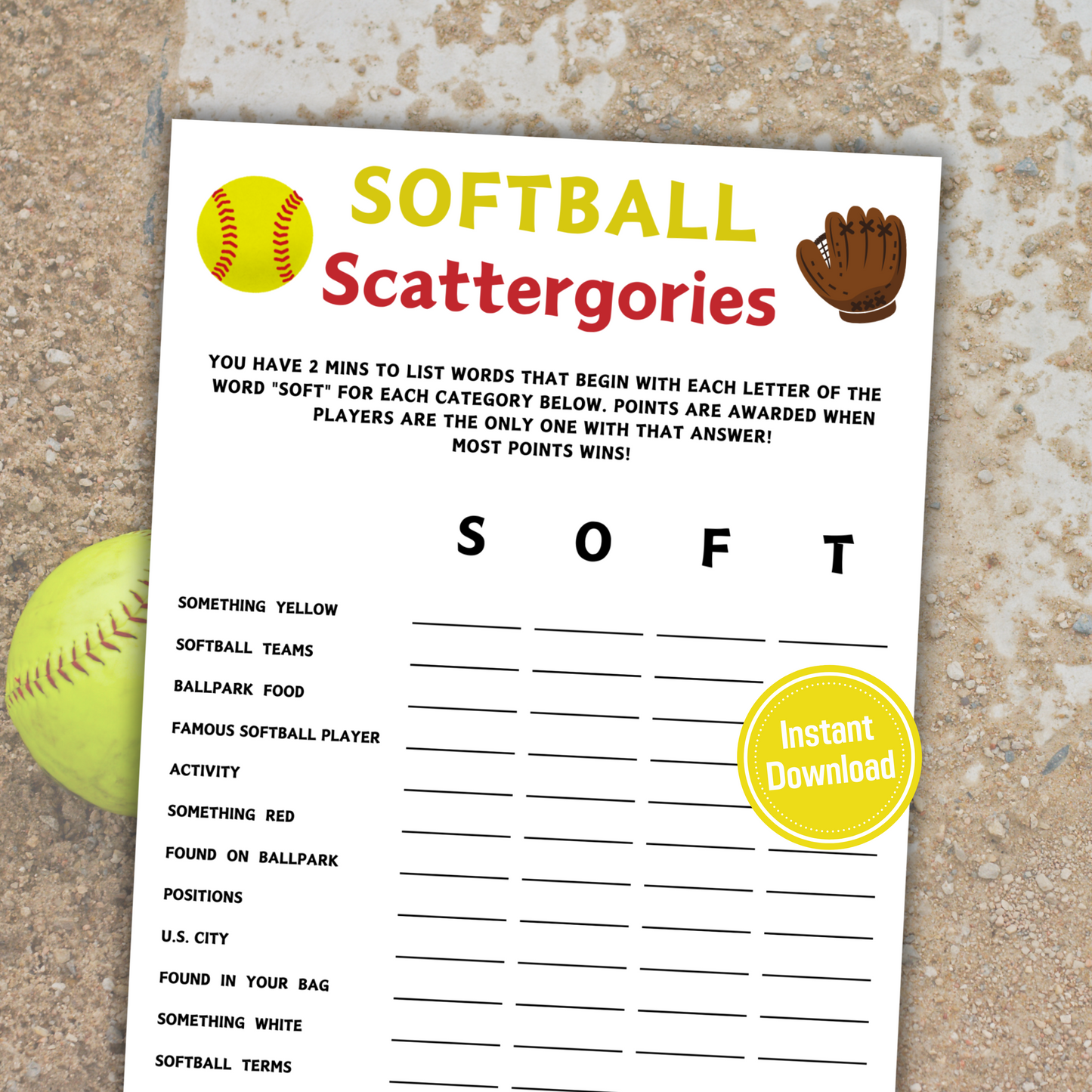 Softball Scattergories Game | Minimalist Softball Team Think Fast Game