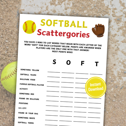 Softball Scattergories Game | Minimalist Softball Team Think Fast Game