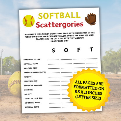 Softball Scattergories Game | Minimalist Softball Team Think Fast Game