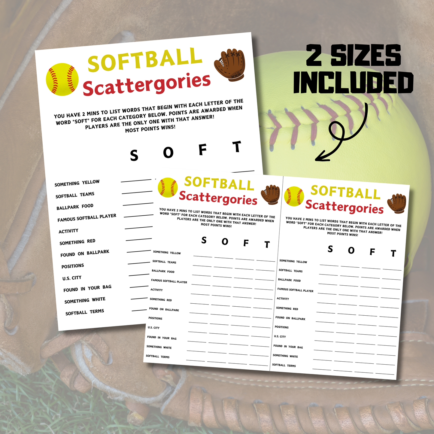 Softball Scattergories Game | Minimalist Softball Team Think Fast Game
