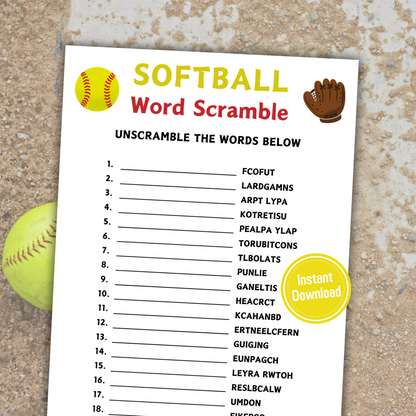 Softball Word Scramble Game | Minimalist Softball Team Think Fast Game