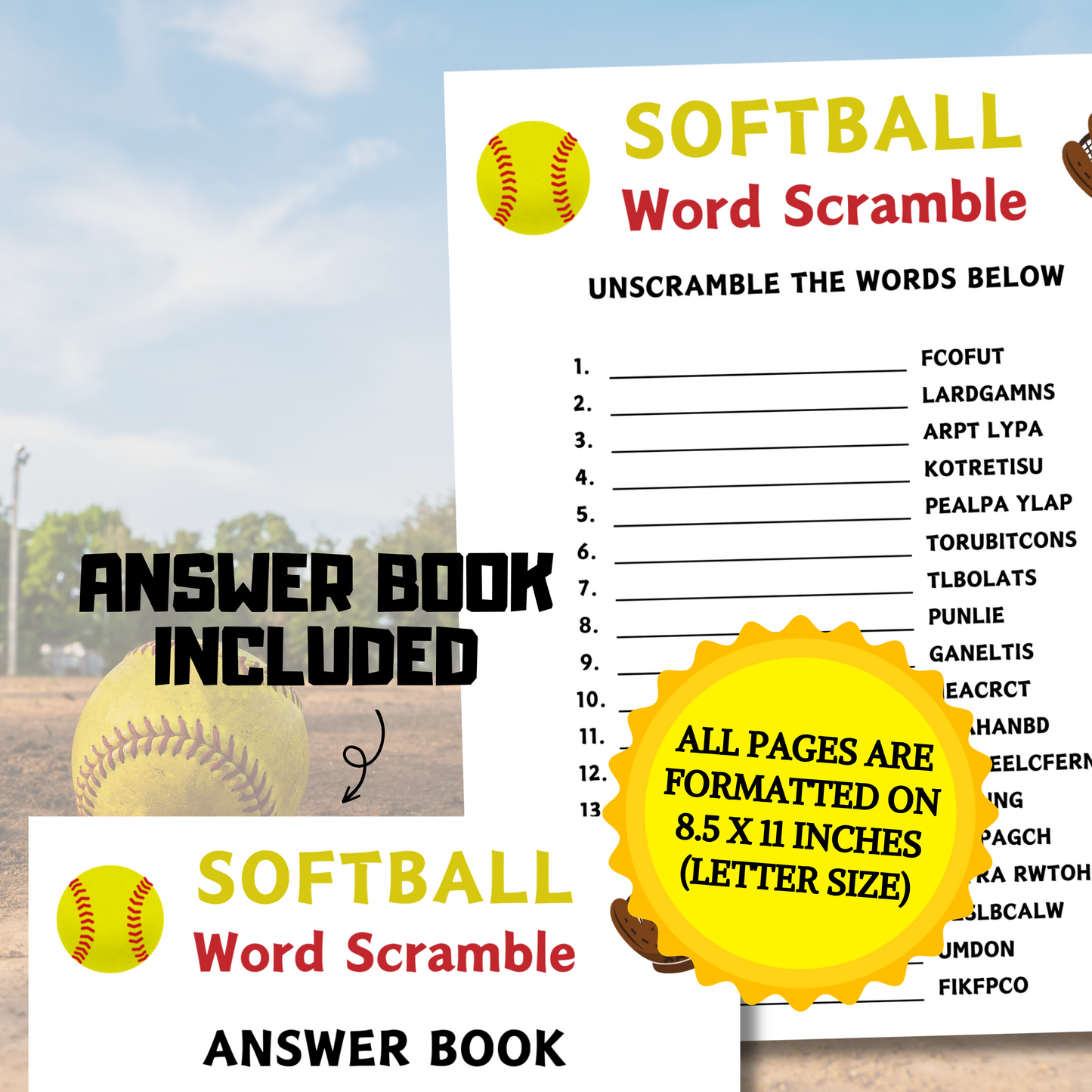 Softball Word Scramble Game | Minimalist Softball Team Think Fast Game