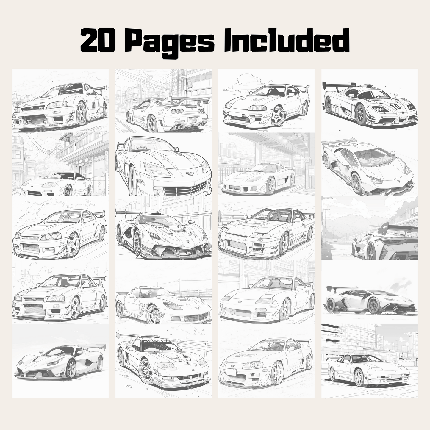 20 Pages Sport Car Coloring Book, Fun and Engaging Automotive Designs for All Ages