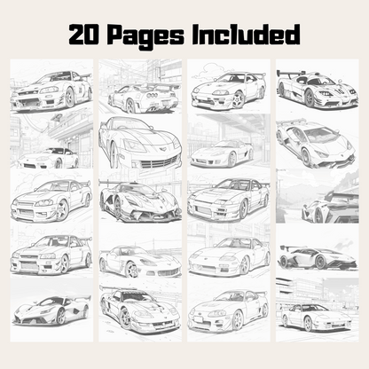 20 Pages Sport Car Coloring Book, Fun and Engaging Automotive Designs for All Ages