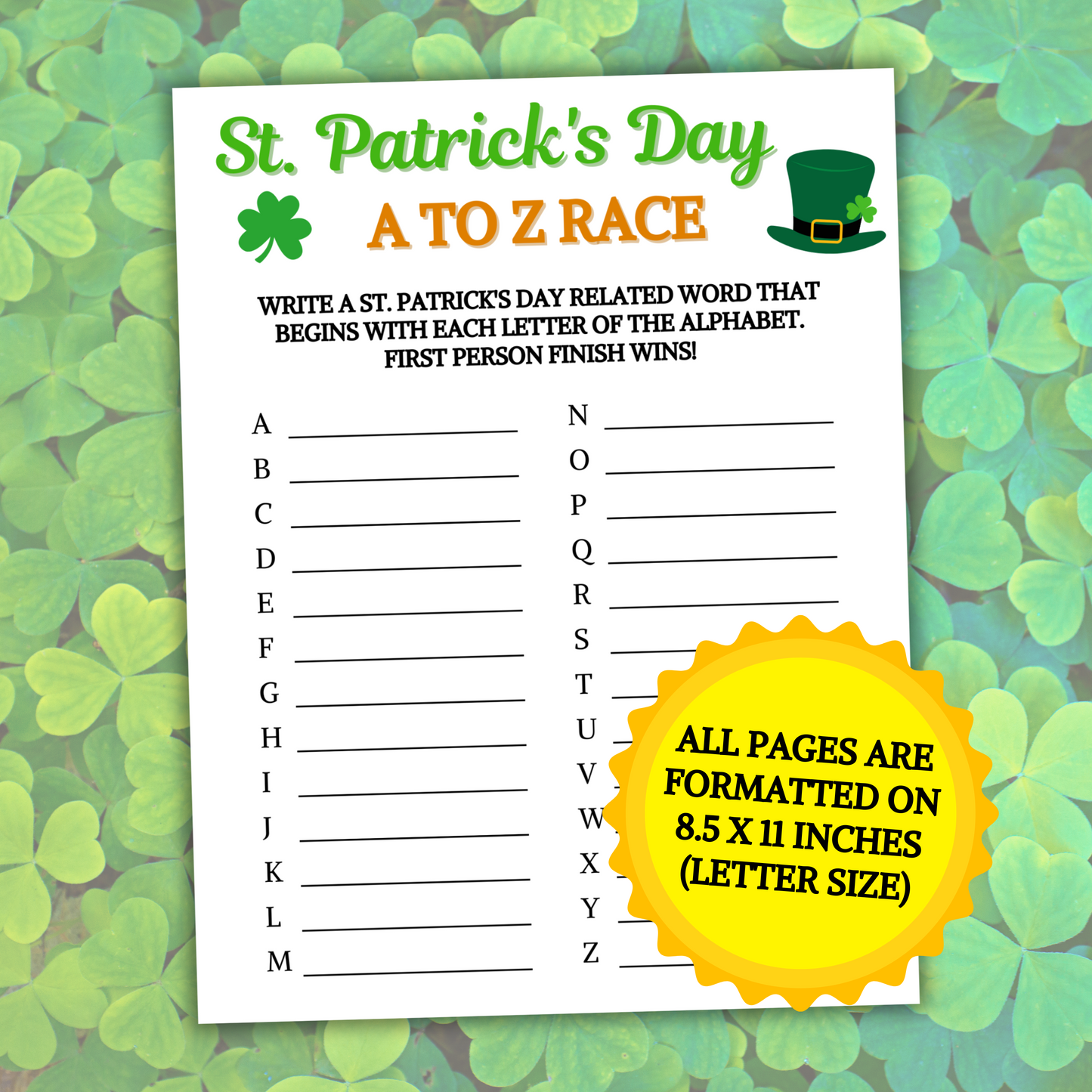 St. Patrick's Day A To Z Race Game | Printable St. Patty's Day ABC Game
