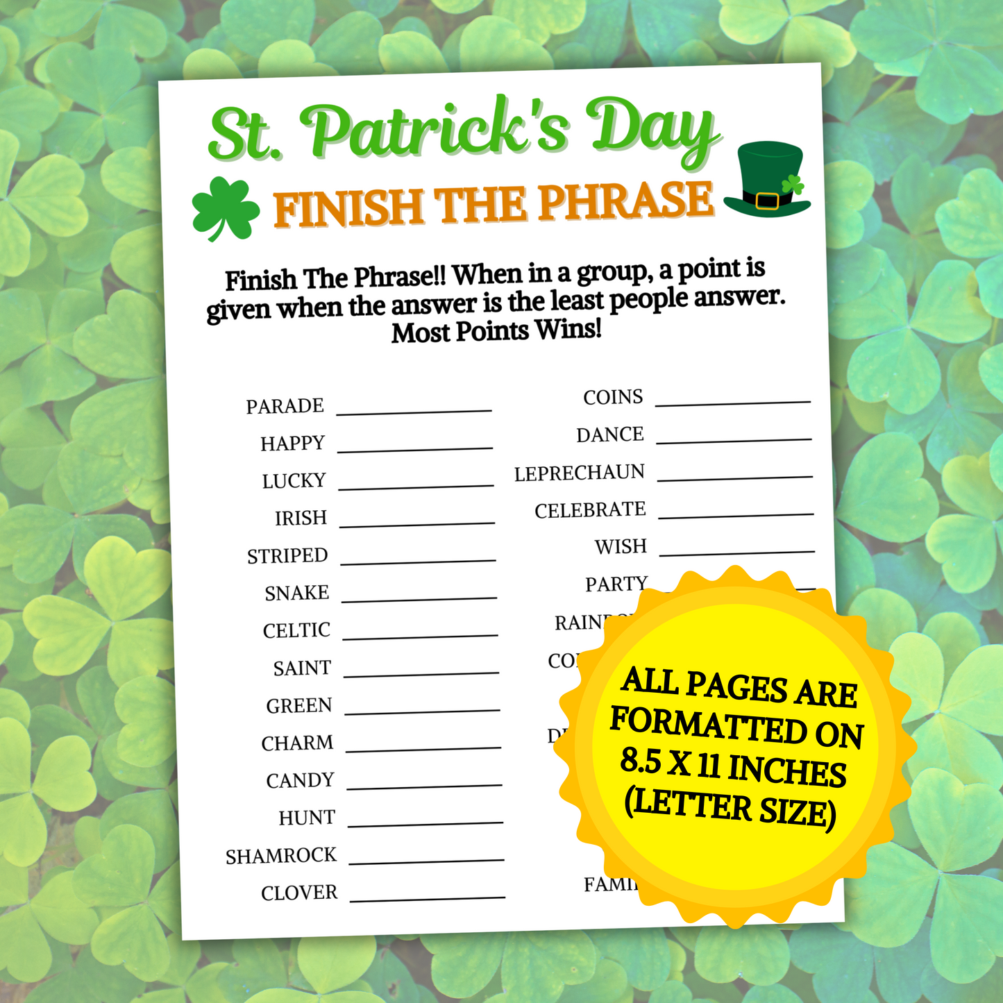 St. Patrick's Day Finish The Phrase Game | Printable St. Patty's Day Think Fast Game