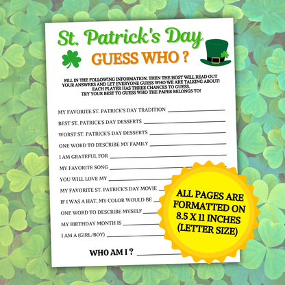 St. Patrick's Day Guess Who Game | Printable St. Patty's Who Am I Game