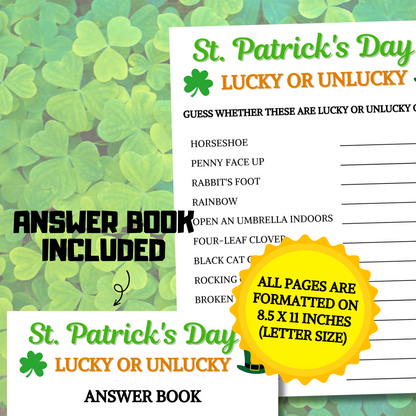 St. Patrick's Day Lucky Or Unlucky Game | Printable St. Patty's Lucky Trivia Game