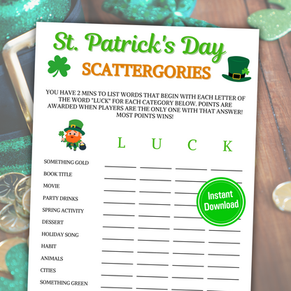 St. Patrick's Day Scattergories Game | Printable St. Patty's Think Fast Game