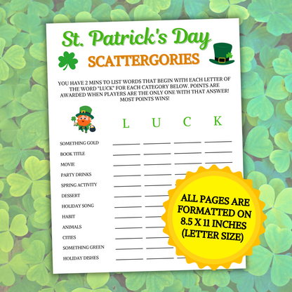 St. Patrick's Day Scattergories Game | Printable St. Patty's Think Fast Game