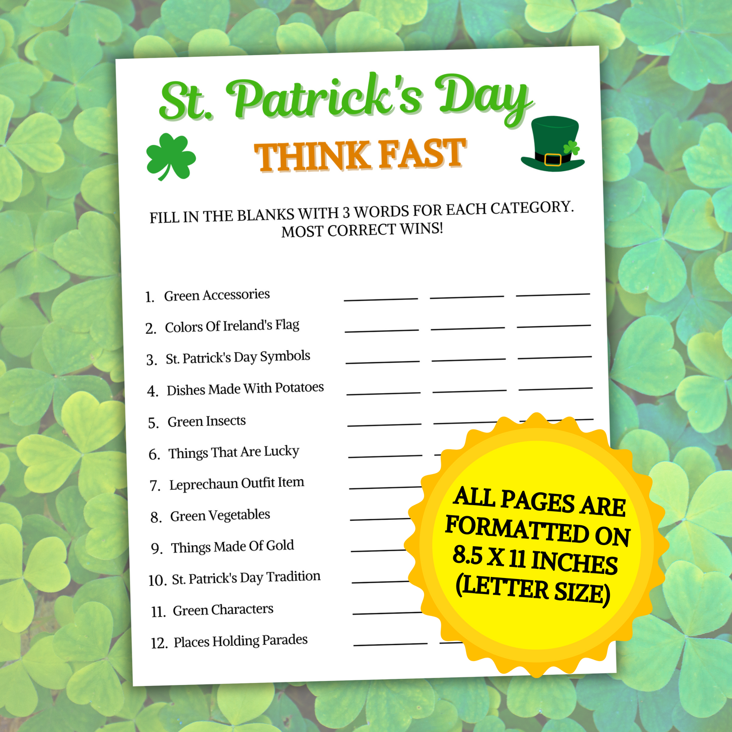 St. Patrick's Day Think Fast Game | Printable St. Patty's Trivia Game