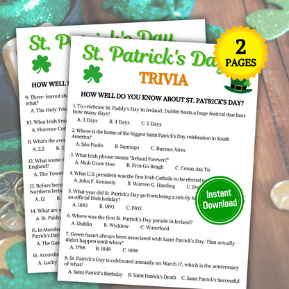 St. Patrick's Day Trivia Game | Printable St. Patty's Day Knowledge Quiz Game
