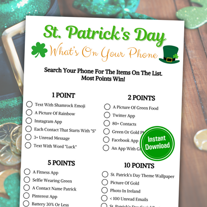 St. Patrick's Day What's On Your Phone Game | Printable St. Patty's Phone Match Game
