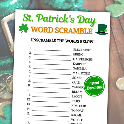St. Patrick's Day Word Scramble Game | Printable St. Patrick's Day Party Unscramble Game