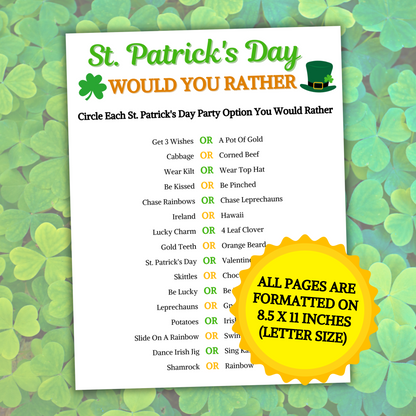 St. Patrick's Day Would You Rather Game | Printable St. Patty's This or That Game