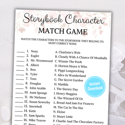 Storybook Character Match Baby Shower Game | Book Themed Baby Shower Games
