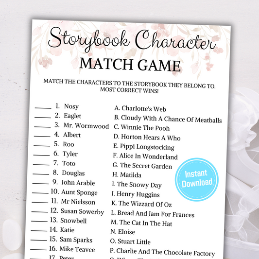 Storybook Character Match Baby Shower Game | Book Themed Baby Shower Games