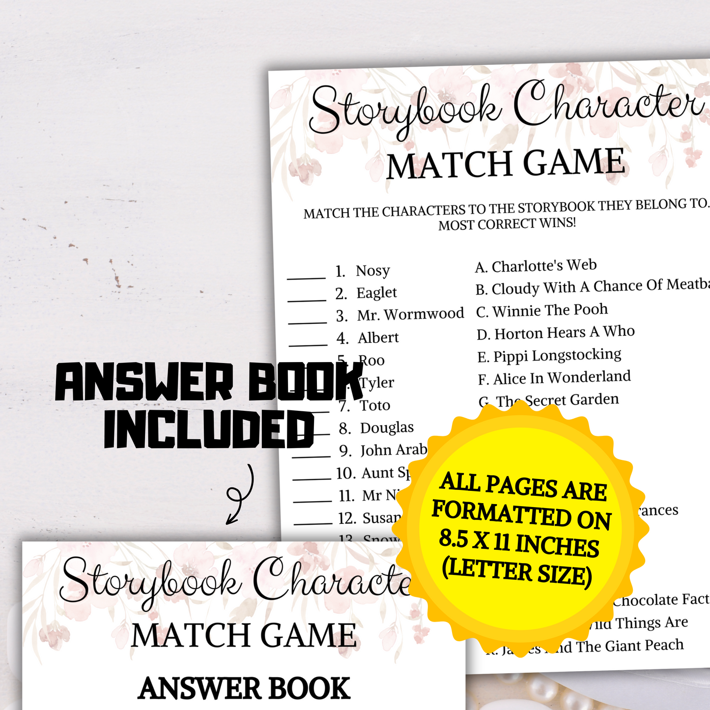 Storybook Character Match Baby Shower Game | Book Themed Baby Shower Games