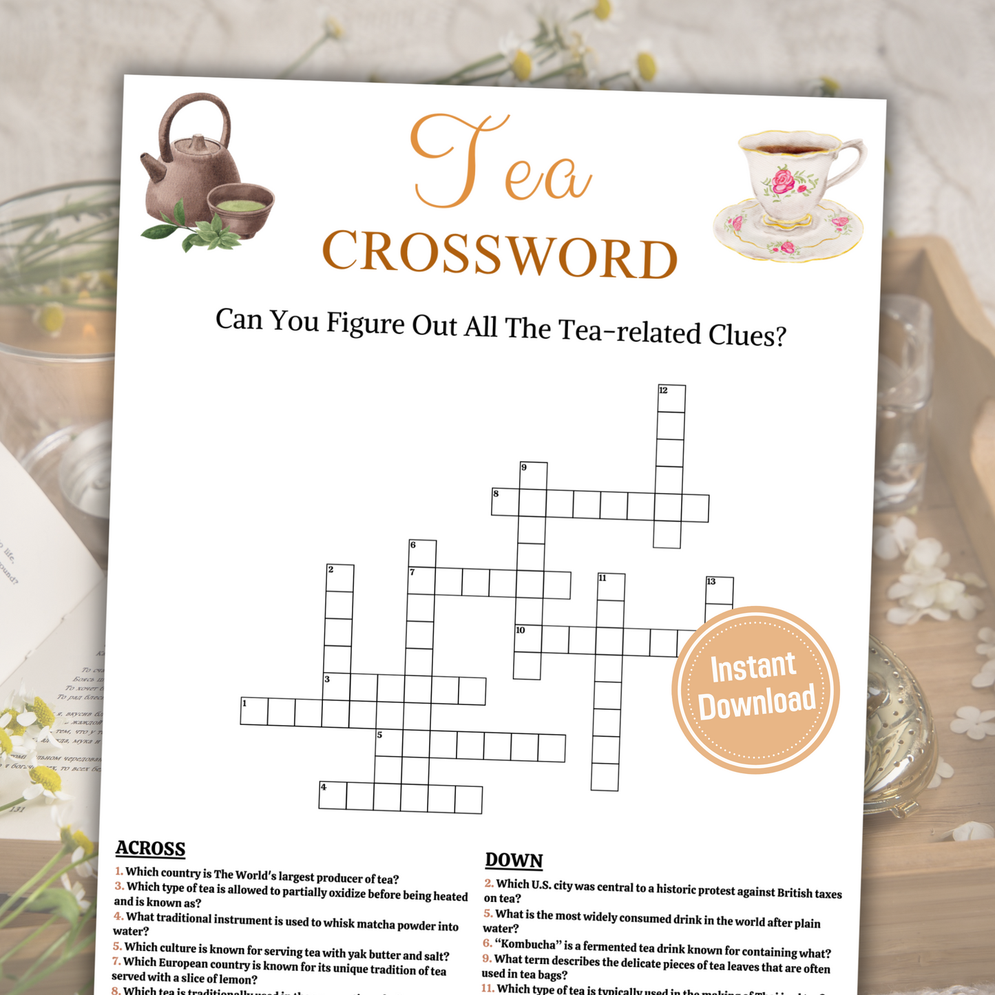 Tea Crossword Game | Minimalist Tea Party Word Find Game