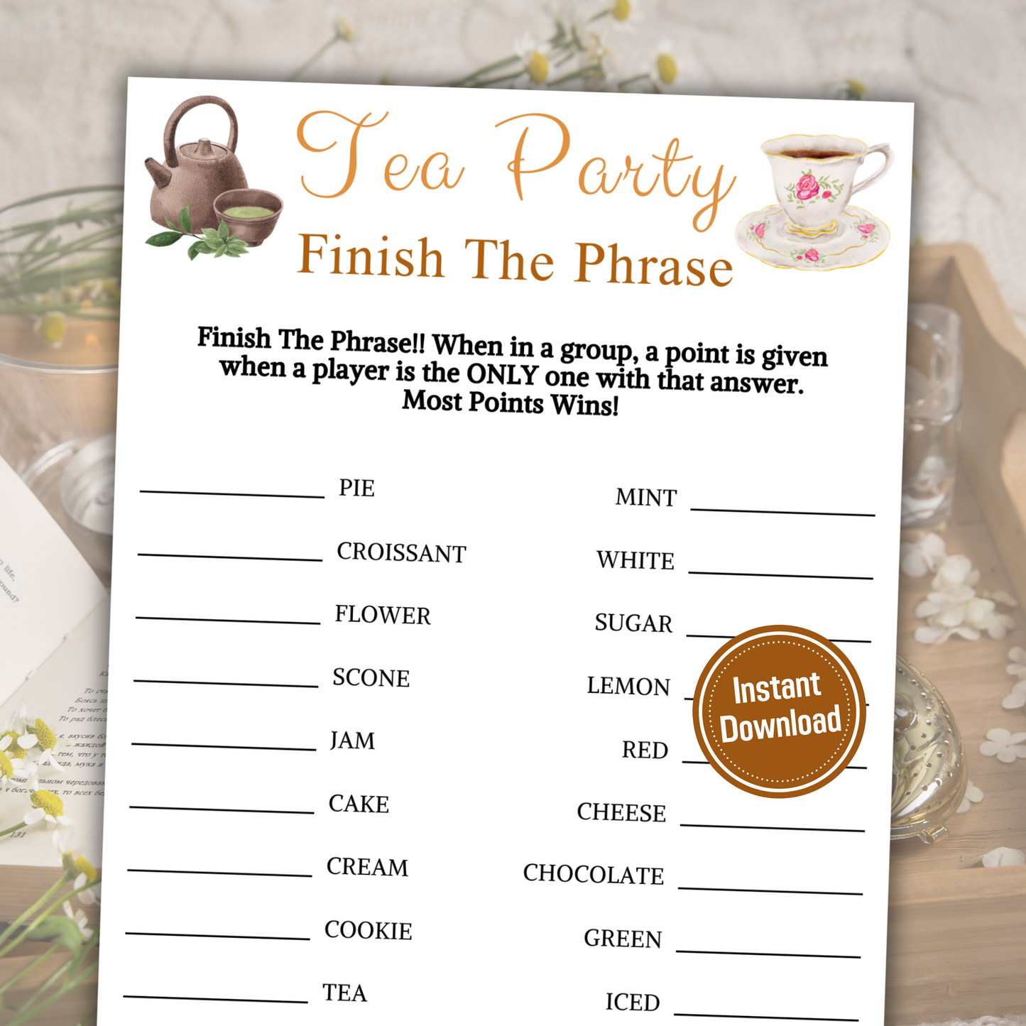 Tea Party Finish The Phrase Game | Printable Tea Knowledge Quiz