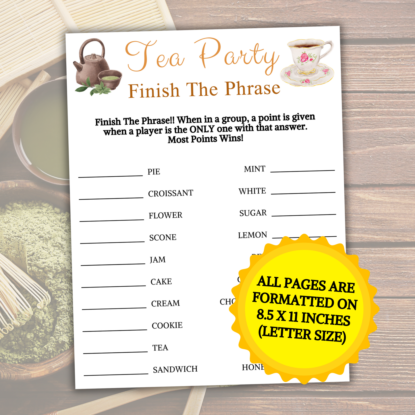 Tea Party Finish The Phrase Game | Printable Tea Knowledge Quiz