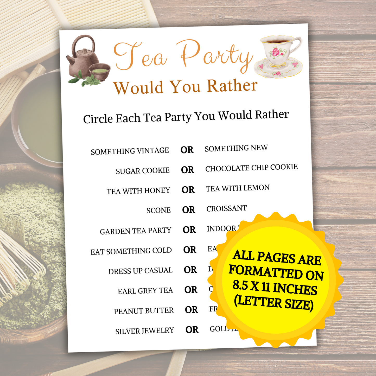 Tea Party Would You Rather Game | Minimalist Tea Party This or That Game