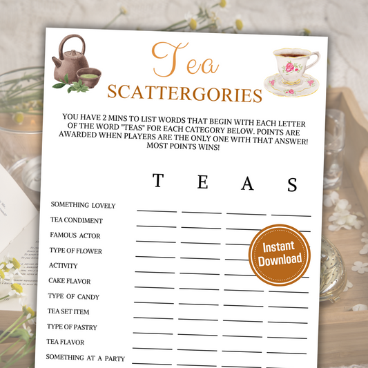 Tea Scattergories Game | Minimalist Tea Party Think Fast Game